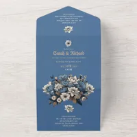 Elegant Denim & Navy Floral Custom Photo Wedding All In One Invitation