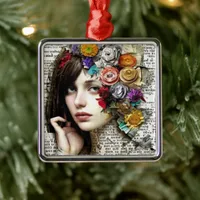 Collage Art | Pretty Girl with Flowers in her Hair Metal Ornament