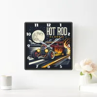 Classic hot rod cruising beneath a glowing moon square wall clock