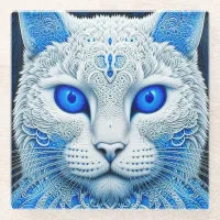 White Mystical Cat Ethereal AI Art Glass Coaster