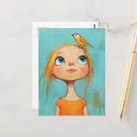 Whimsical Girl with bird on her head Postcard