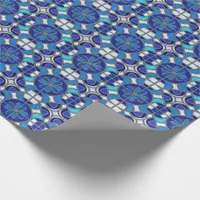 Metallic Silver, Blue Shades Stained Glass Style Wrapping Paper