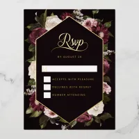 Dark Moody Floral Wedding RSVP Card Gold Foil 