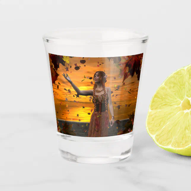 Elf in Falling Leaves Against an Autumn Sunset Shot Glass