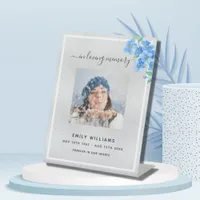Silver blue floral photo memorial reception pedestal sign