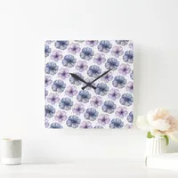 Floral Watercolor Pattern Lavender and Blue Square Wall Clock