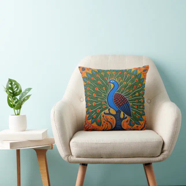 Indian Gond Art Peacock Orange | Art of India Throw Pillow