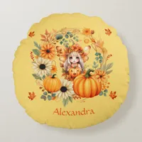 Cute Pumpkin Fairy in Autumn Wreath Round Pillow