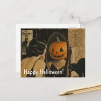 Vintage Halloween Cat and Woman with Jackolantern  Postcard