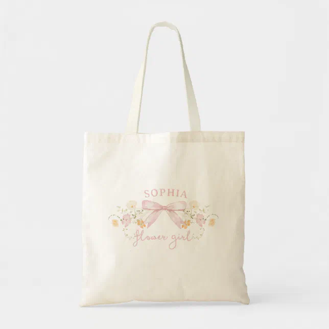 Cute Pink Bow and Wildflowers Modern Flower Girl Tote Bag