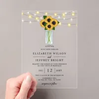 Barn Wood String Lights Sunflowers Wedding  Acrylic Invitations