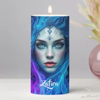 Mystery Woman Emerging from Blue & Purple Flames Pillar Candle