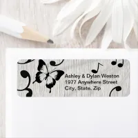 Music Butterfly Leaves Gray & Black Wood Wedding Label