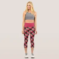 Pretty Roses Pink Red Floral Pattern Capri Leggings