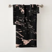 Modern Black Marble Rose Gold Foil Monogram Bath Towel Set