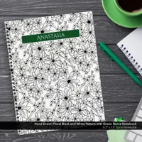 Hand Drawn Floral Black White Pattern & Green Name Notebook