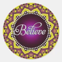 Believe : Inspire : Purple Yellow Mandala Circle Classic Round Sticker