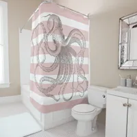 Coastal Vintage Octopus on Nautical Pink Stripes Shower Curtain