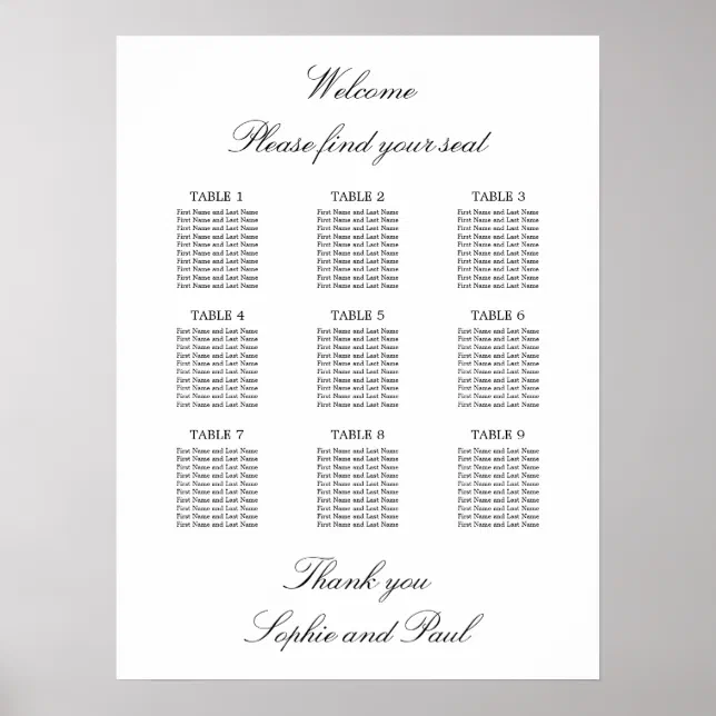 9 Table Elegant Minimalist Seating Chart