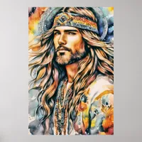  Watercolor Portrait of Retro Bohemian Man Poster