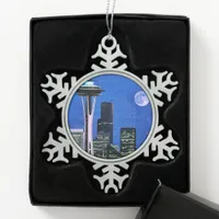 Blue Seattle Skyline Snowflake Pewter Christmas Ornament