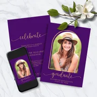 Modern Purple Gold Arch Photo Graduation Invitation