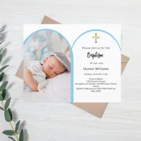 Blue photo arch boy cross Baptism invitation