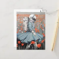  an astronaut in a blue dress walking in poppies postcard