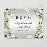 Silver White Anemone Gold Geometric RSVP Invitation Postcard