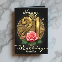 Pink Rose and Gold Filigree Number 21st Birthday Card