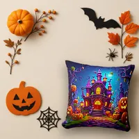 Whimsical Haunted House Halloween Art Throw Pillow