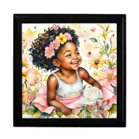 Pretty Little Girl in Pink Flowers Watercolor Art Gift Box