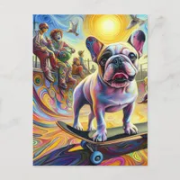 Adorable Surreal French Bulldog Skateboarding Postcard