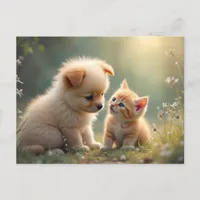 Best friends - cute puppy and kitten in the grass postcard