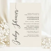 Ivory Cream Simple Modern Script Baby Shower Invitation