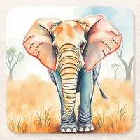Adorable Watercolor Elephant Square Paper Coaster