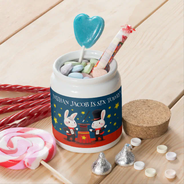 Cute Rabbit Magicians on Stage Magical Birthday Candy Jar