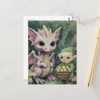 Cute Baby Purple Dragon and Elf With Eggs Postcard