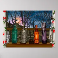 Glass Bottles in Window full of Raindrops Poster