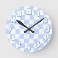 Retro Pastel Blue White Wavy Checker Round Clock