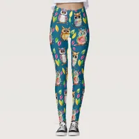 Colorful Woodland Owls and Leaves Watercolor Leggings