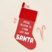Special Delivery Child Name From Santa White Red  Christmas Stocking