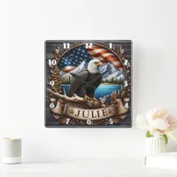 American Eagle With Scenic Mountains and Flag Square Wall Clock