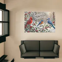 Season's Tweetings Colorful Birds on Snowy Holly Rug