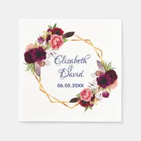 Burgundy florals navy blue boho wedding napkins