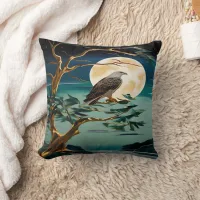 Eagle Perched on Tree Under Full Moon Night Throw Pillow