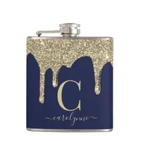 Navy Blue Gold Glitter Drips Monogram Flask