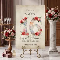 Vintage Watercolor Red Rose Sweet 16 Welcome Foam Board