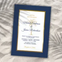 Elegant Navy Blue Gold Palm Tree Modern Wedding Invitation