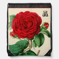 Red Rose Bloom Vintage Illustration Monogrammed Drawstring Bag